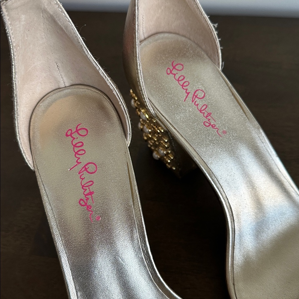 Lilly Pulitzer Amber Lynn Gold Embellished Sandal Block Heel Size 10 - Picture 4 of 13